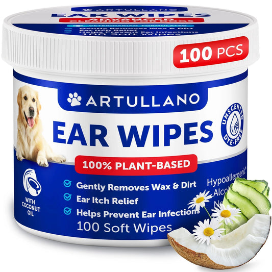 Gentle & Soothing Dog Ear Wipes - 100% Plant-Based, Unscented Ear Cleaner for Dogs & Puppies, 100 Count